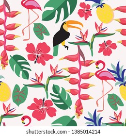 Summer background with tropical plants and birds. Pattern of summer holiday, travel and vacation. 