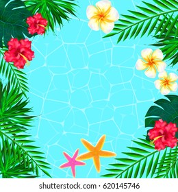 Summer  Background With Tropical Plants And Flowers. vector illustration