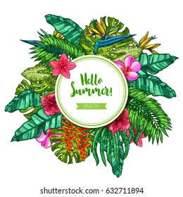 Summer Background With Tropical Plants And Flowers. Hawaiian Round Label With Place For Text In Sketch Hand Drawn Style