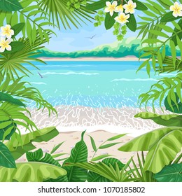 Summer background with tropical plants. Square floral frame on seaside landscape. Tropic foliage border on seascape  beach, waves, pebble, sand, birds and distant trees. Vector flat illustration.