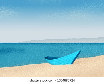 Summer background with tropical sandy beach and boat, vector illustration with grainy texture