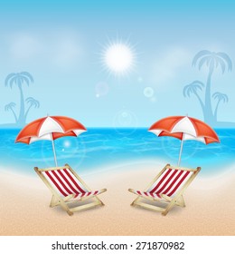 Summer background. Tropical sea and beach with umbrella and deck chair. EPS10 vector