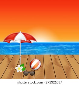 Summer background. Tropical sea and dock. Sunset. Umbrella and ball with sunglasses. EPS10 vector