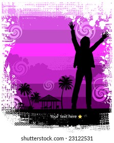 Summer background, tropical sun-splash with palm trees and girl (vector)