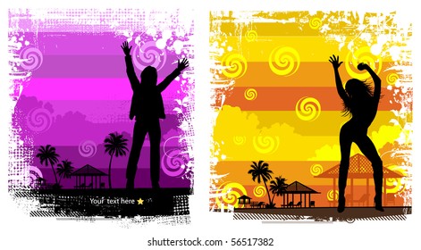 Summer Background tropical sun-splash with palm trees girl and guy