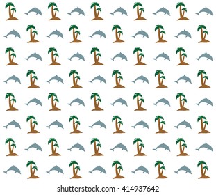 Summer background with two palm trees with green leaves and brown trunk on a sand island, with the jumping dolphin in a row alternately and under each other on a white background
