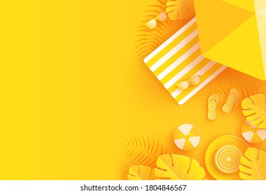 summer background with umbrella, ball, glasses, sandals and yellow leaves. Summer background in paper craft style. paper cut and craft style. vector illustration