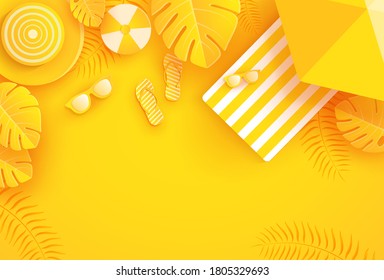 Şemsiye, top, gözlük, sandalet, meyve suyu ve sarı yaprakları ile yaz arka plan. Kağıt zanaat stilinde yaz arka planı. kağıt kesim ve zanaat stili. vektör.