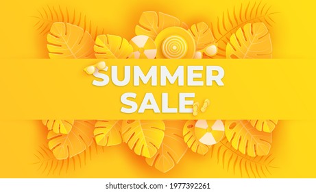 summer background with umbrella, ball, glasses, sandals and yellow leaves. Summer background in paper craft style. paper cut and craft style. vector illustration