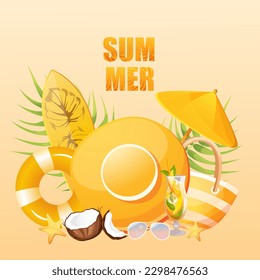 Sommerhintergrund mit Regenschirm, Hut, Surfbrett, Seesterne, Schwimmring, Sonnenbrille.Vektorgrafik.