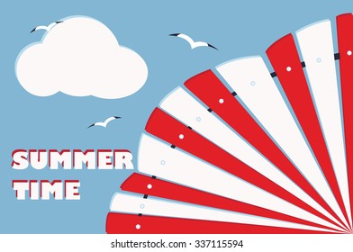 summer background with umbrella, sky, cloud and birds