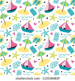 Summer background with umbrellas, ships, beach, flip-flops, cocktail, towel and hearts. 