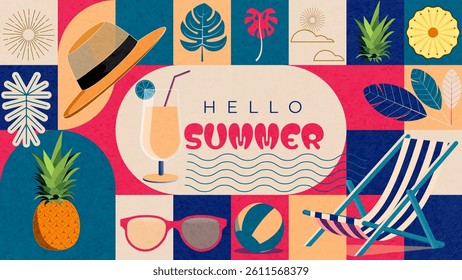 Summer background, vacation, beach, tropical, sun, drink, hat, pineapple — colorful retro flat design with summer items and bold colors, ideal for holiday posters, promos, or summer event invitations.