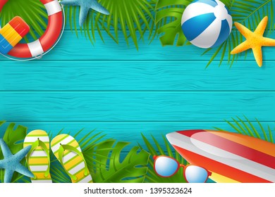 Summer background vector banner design with colorful beach elements. Vector illustration