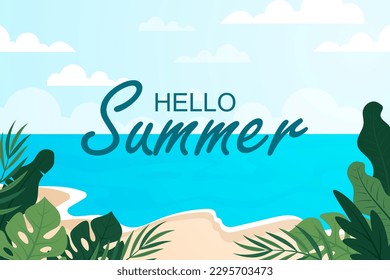 Summer background vector design with beautiful tropical leaves and beach