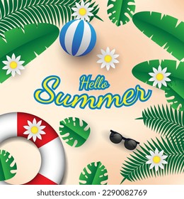 Summer background vector design with leaves, flowers, beach ball and sunglasses. suitable for social media post, greeting, etc.