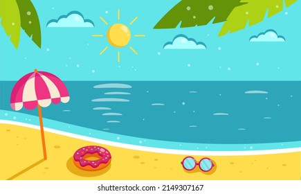 Summer background. Vector flat summer illustration of sea, sun, beach. Cartoon summer landscape with sea and beach. Summer bright banner. Copy space