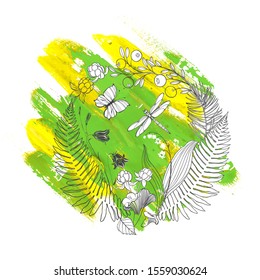 Summer background. Vector floral illustration with butterfly and dragonfly on art background. Invitation, greeting card or an element for your design.