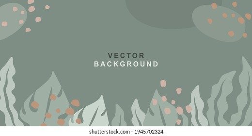 Summer background, vector frame with abstract green shapes and leaves. Horizontal template in simple trendy flat style with place for text for greeting cards, banners and wallpapers  