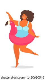 Summer background vector with a girl in a bathing suit with rubber ring for swimming. Cute vector illustration  in flat style isolated on white background. EPS 8.