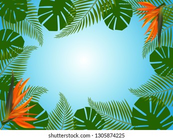 Summer background vector with green palm tree leaves and colorful orange flowers, seasonal vocation design with blue sky gradient