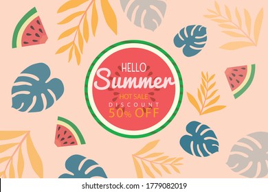 Summer background Vector illustration. 50% off sale banner template. design with white circle for text and colorful summer food and leaves element discount web poster and advertising.