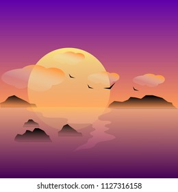 Summer background, vector illustration of beach, evening at sunset