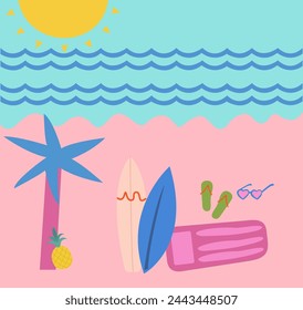 Summer background vector illustration for beach holiday, summer beach, palm, pineapple, surfboard, slippers, glasses