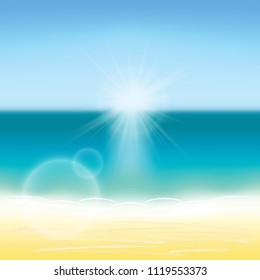 Summer background vector illustration. Blurred summer beach, sun, sky, sea, ocean and sand landscape for background and wallpaper.