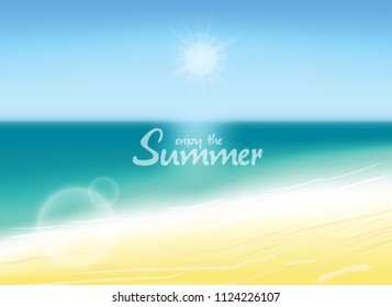 Summer background vector illustration. Blurred beach with enjoy the summer text.