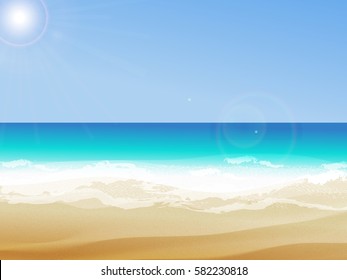 Summer background, vector illustration of the day at the beach t with sea waves, and sun shining, seaside view with copyspace
