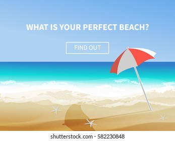 Summer background, vector illustration of the day at the beach with sea waves, and sun shining, seaside view with copyspace. Travel advertisement banner with umbrella