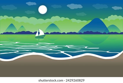 Summer background, vector illustration of the evening beach at sunset with waves, clouds and a plane flying in the sky, 