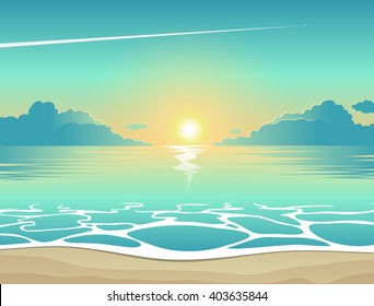 Summer background, vector illustration of the evening beach at sunset with waves, clouds and a plane flying in the sky, seaside view poster - Shutterstock ID 403635844