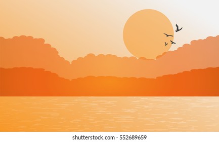 Summer background, vector illustration of the evening beach at sunset with waves, clouds and a plane flying in the sky, seaside view poster