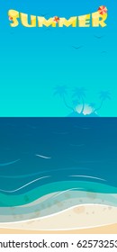 Summer background, vector illustration of the evening beach at sunset with waves, clouds and a plane flying in the sky, seaside view poster