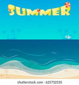 Summer background, vector illustration of the evening beach at sunset with waves, clouds and a plane flying in the sky, seaside view poster