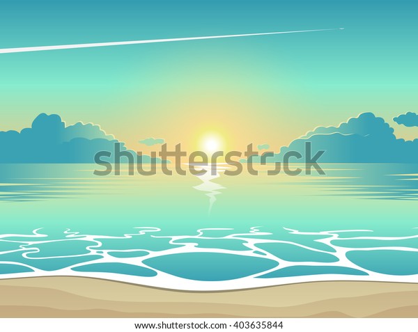 Summer background, vector illustration of the evening beach mural wallpaper at sunset with waves, clouds and a plane flying in the sky, seaside view poster.