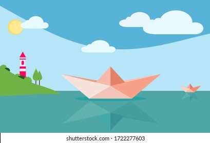 Summer background vector illustration. Paper boat on the beach.