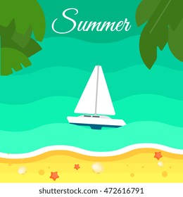 Summer background, vector illustration. Seascape with sailing yacht. Sand beach with palm leaves and starfish. Natural landscape. Racing yacht. Summer vacation. Travel concept. Outdoor leisure