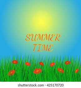Summer background. Vector illustration. Sky, sun and grass. Background in green, blue and yellow colors.