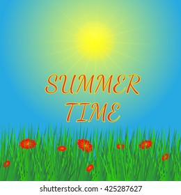 Summer background. Vector illustration. Sky, sun and grass. Background in green, blue and yellow colors.