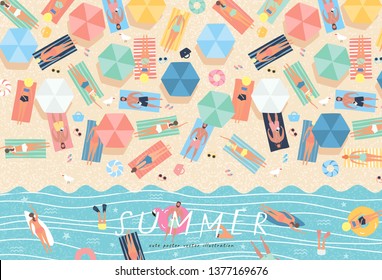 Summer background. Vector illustration of sunbathing people on the beach and swimming in the sea. Drawing by hand the summer holiday season, rest, relaxation and summer.
