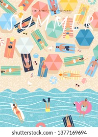 Summer background. Vector illustration of sunbathing people on the beach and swimming in the sea. Drawing by hand the summer holiday season, rest, relaxation and summer.
