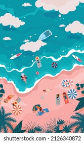 Summer background. Vector illustration of sunbathing people on the beach and swimming in the sea. Drawing by hand the summer holiday season, rest, relaxation and summer.