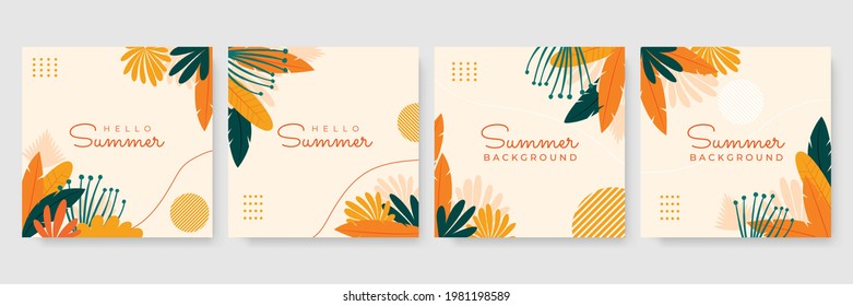 Summer background Vector summer plant design for social media stories. Summer background in flat style. Set of summer travel fliers with floral beach items and wave. Vector illustration