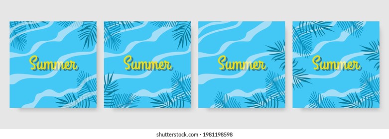 Summer background Vector summer plant design for social media stories. Summer background in flat style. Set of summer travel fliers with floral beach items and wave. Vector illustration