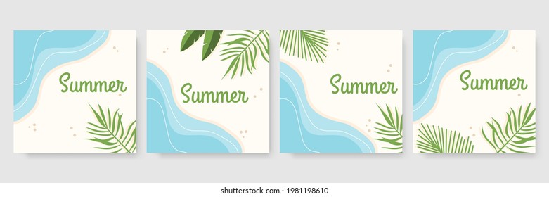 Summer background Vector summer plant design for social media stories. Summer background in flat style. Set of summer travel fliers with floral beach items and wave. Vector illustration