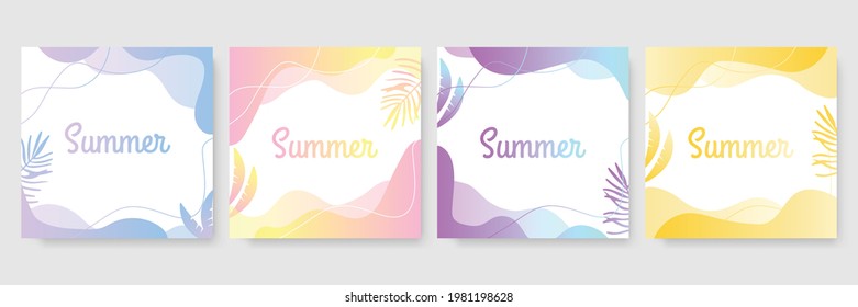 Summer background Vector summer plant design for social media stories. Summer background in flat style. Set of summer travel fliers with floral beach items and wave. Vector illustration