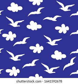 Summer background with vector seagulls and clouds on a dark blue seamless pattern background
